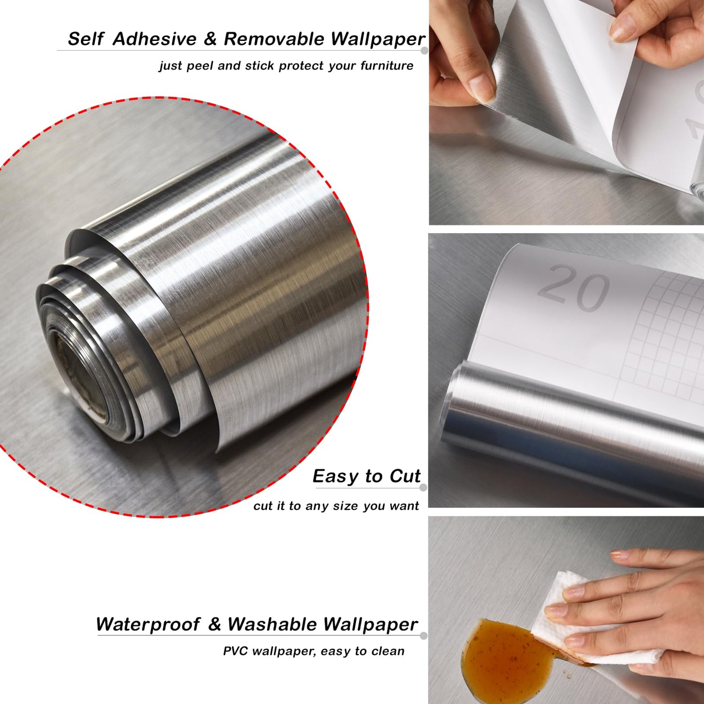 Cohoo Home Stainless Steel Contact Paper Peel and Stick Countertop Silver Stainless Steel Wallpaper for Kitchen Backsplash Self Adhesive Wallpaper Dishwasher Fridge Appliances Cover 17.7inW 197inL