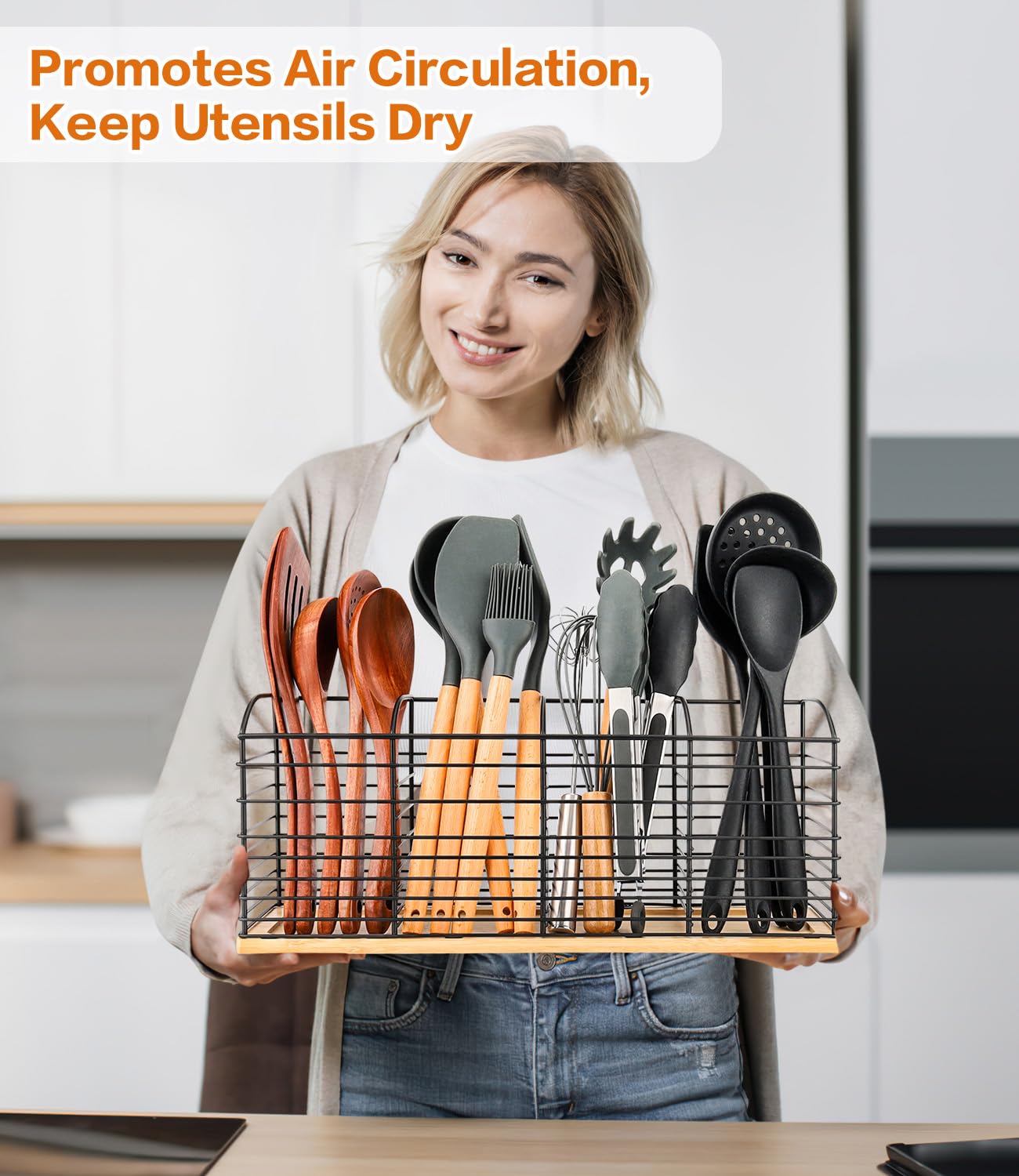 PrimZooty Extra Large Utensil Holder for Kitchen Counter - 15.7"x 6.7"x 4.4", Aesthetic Design, Anti-Slip Mat, 4 Compartments, Black Cooking Utensil Organizer for Countertop, Spatula Utensil Caddy
