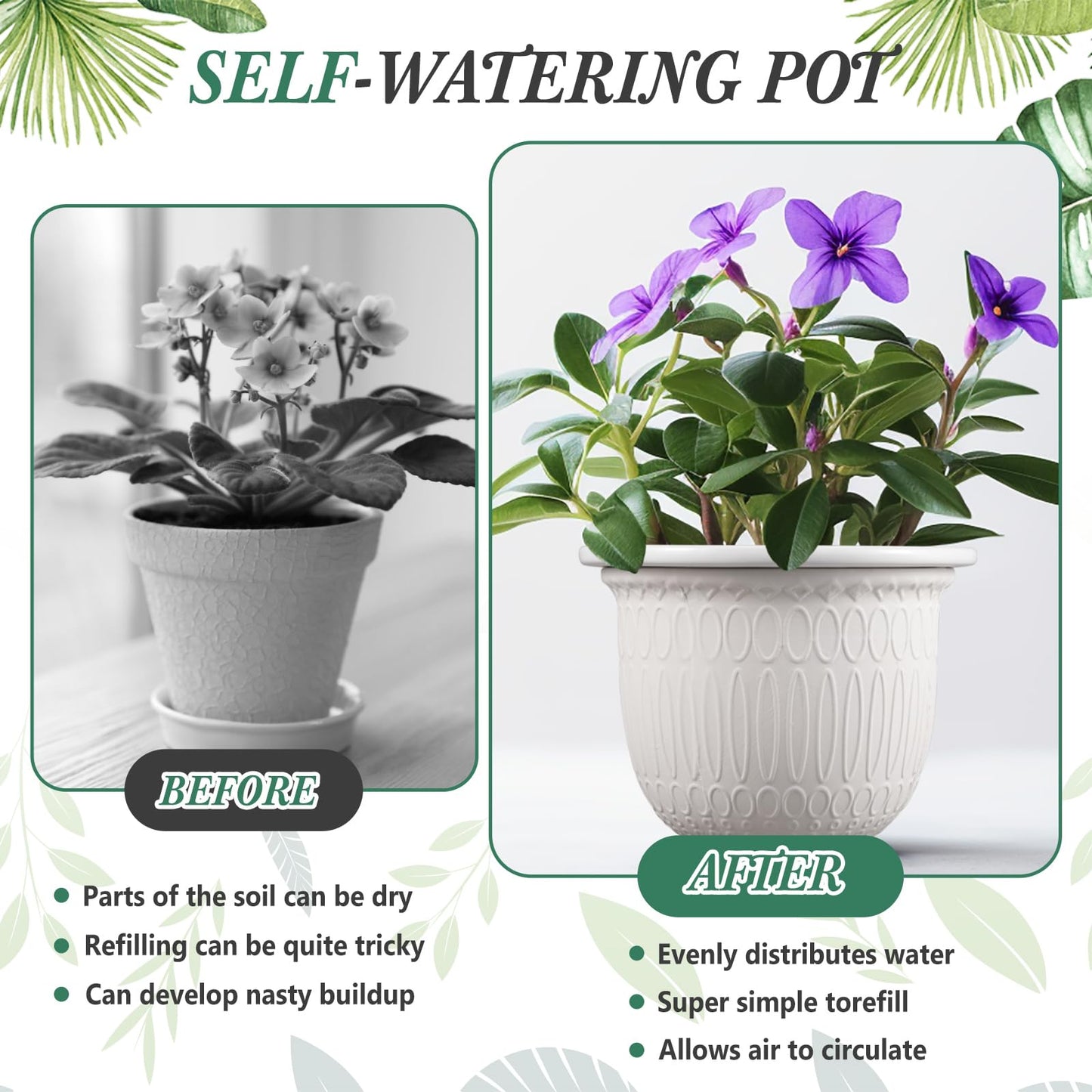 Romooa 1 Set African Violet Pots Self Watering, 7 Inch White Ceramic Dolomite Clay, Easy Effortless Planter Pot for Indoor Plants Herbs Flowers Orchids Succulent, Ideal Gifts, Plant Not Included