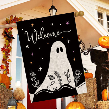 Halloween House Flag Ghost Black Burlap Double Sided 28x40 Inches Halloween Holiday Welcome Sign for Yard Lawn Home Outdoor Decor