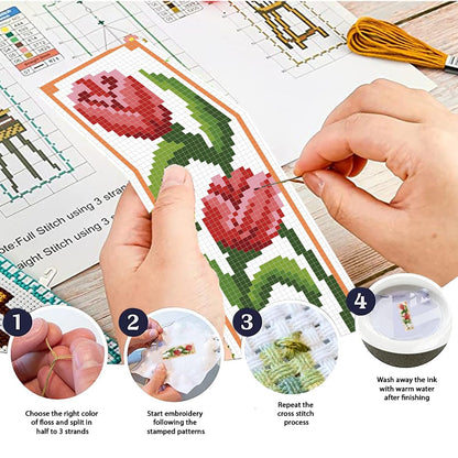 FREEBLOSS 6 Set Bookmark Cross Stitch Kits Stitch Bookmark Cross Stitch Kits with Instructions 6 Flowers Pattern Embroidery Kit for Beginners Bookmark Making Kit for Gift