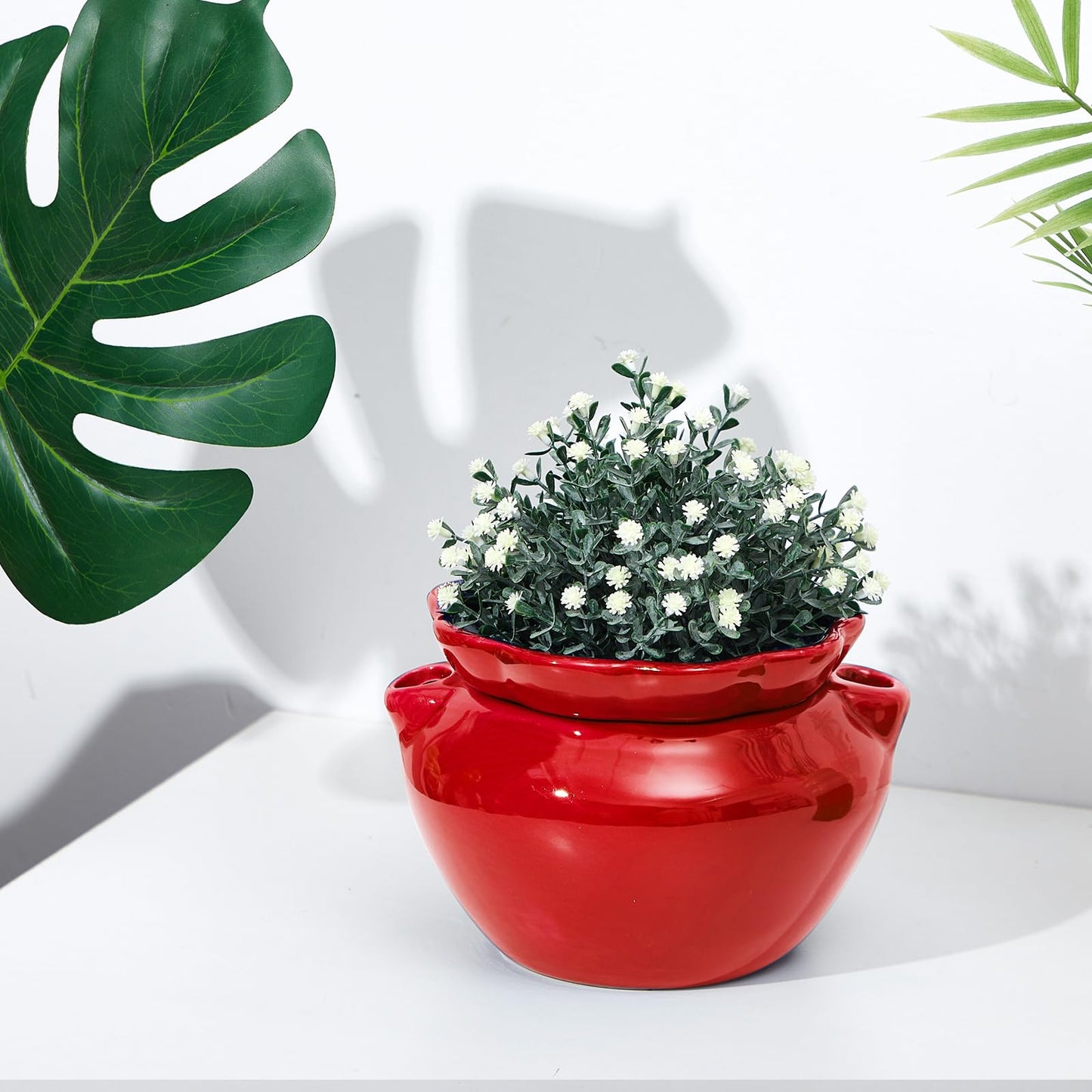 Sunnychicc 6.3 Inch African Violet Pots, Red Self Watering Pot for Indoor Plants, Ceramic Easy Plant Self Watering Pot for Thriving Plant Flower Maintenance