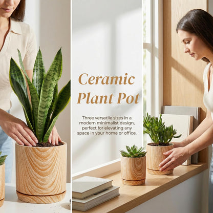 Dicunoy Set of 3 Ceramic Planters - 6"/5"/4" Cylinder Flower Pots with Drainage Holes and Saucers for Indoor, Outdoor, Garden, Cactus, Herbs, Snake Plants, Aloe Vera, All House Plants
