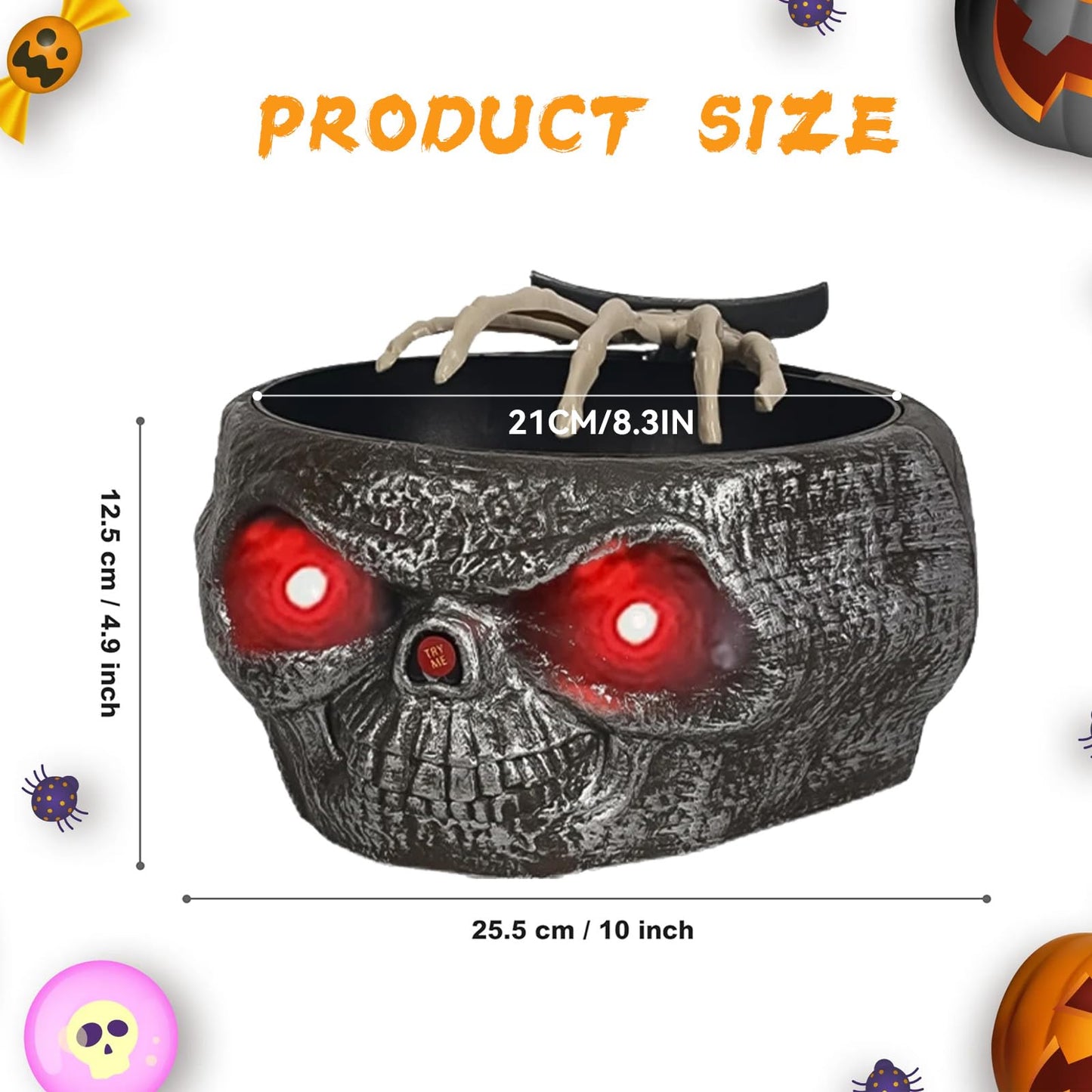 Halloween Candy Bowl, Animated Halloween Skull Pumpkin Bowl, Automatic Sensor/Button Press Scary Candy Dish with Creepy Moving Skeleton Hand and Scream for Trick or Treat to Kids(Skeleton Style)