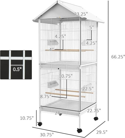 PawHut Wrought Metal Bird Cage Feeder with Rolling Stand Perches Food Containers Doors Wheels 67" H, White