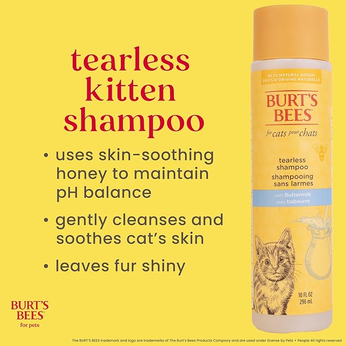 Burt's Bees for Pets Tearless Kitten Shampoo with Buttermilk and Honey, 99% Natural Origin Gentle Cat Shampoo for Sensitive and Itchy Skin, pH Balanced and Fragrance-Free, 10 Fl Oz