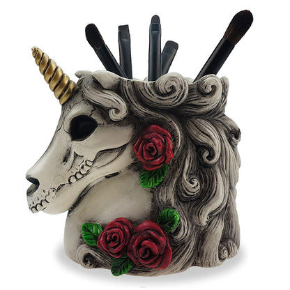 Cyborpon Gothic Unicorn Makeup Brush Holder Skull Gift for Women Adults Pen Organizer Halloween Decor Day Dead Goth Accessory