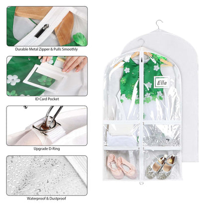 Syeeiex 3" Gusseted Dance Costume Garment Bag(5 Pack), 40'' Dance Garment Bags for Dancers with 4 Zipper Pockets & Can Hold 1-3 Dance Costumes - Suitable for Dance Competitions, Ballet(White)