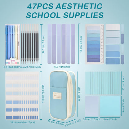 ChezAbbey 47Pcs Aesthetic School Supplies with Pencil Pouch - Cute College Essentials Set, Big Capacity Pen Case, Pastel Highlighters, Bible Study Journaling Stationary Kit (Blue)