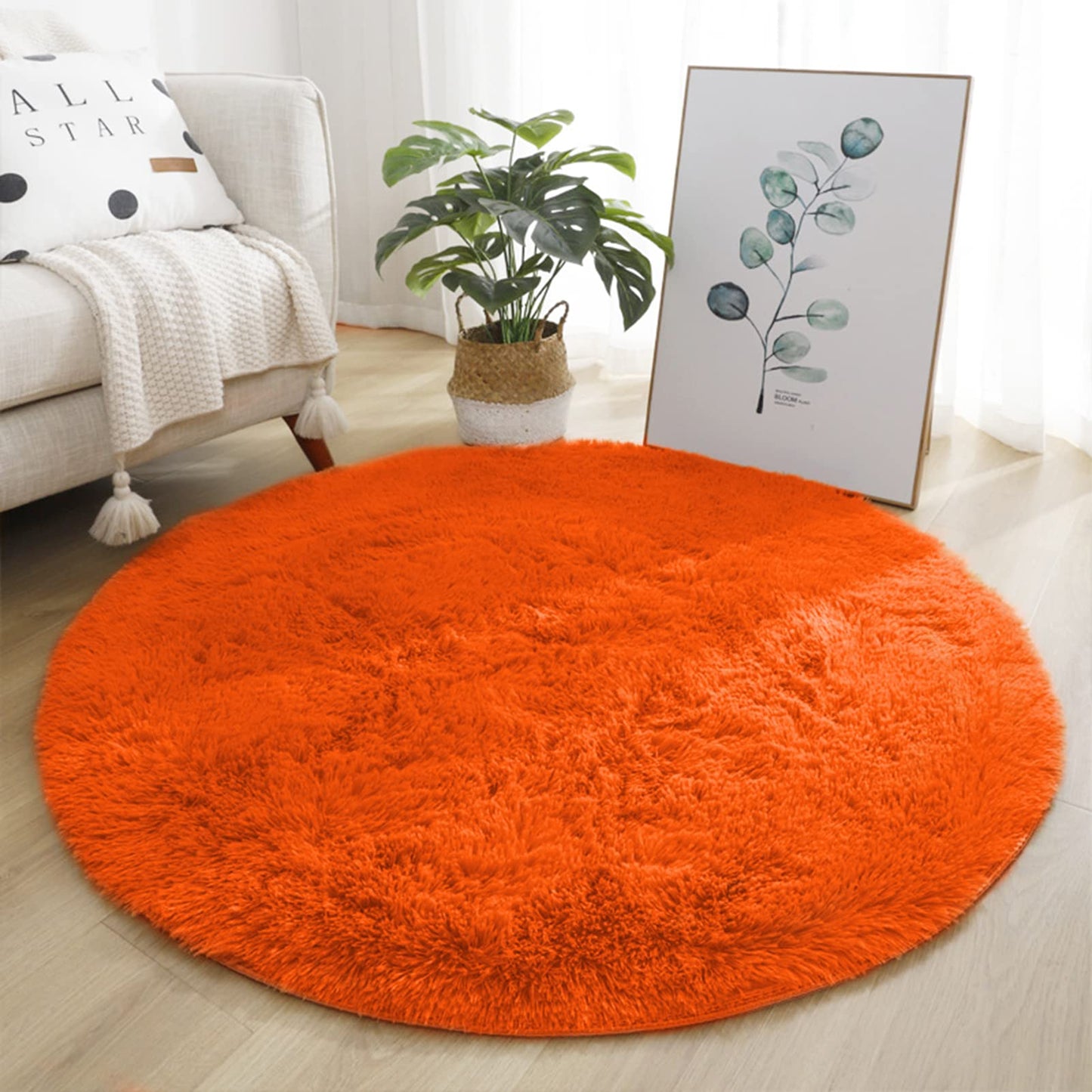 Lifup Soft Fluffy Round Area Rug, Cozy Plush Shaggy Circle Carpet for Living Room Bedroom Home Décor Orange 4.6 Feet