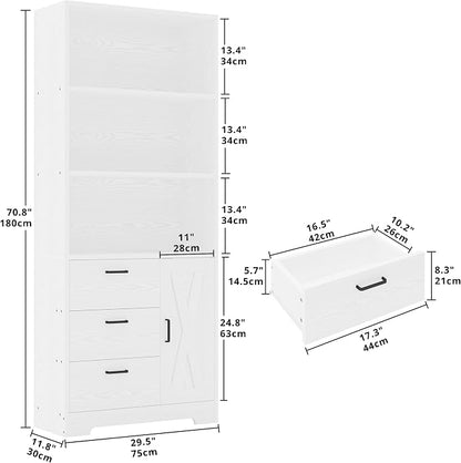 IRONCK Bookshelf with Doors and 3 Drawers, 71in Tall Bookcase with 3-Tier Shelves, for Living Room Entrance Hallway Home Office
