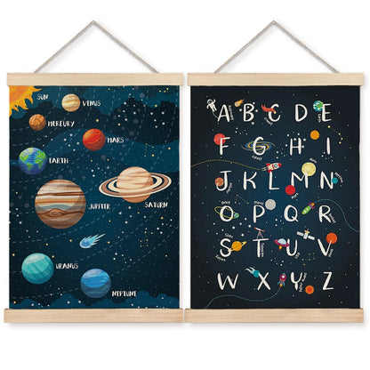 BearCake Nursery Playroom Classroom Toddler Space Solar System Alphabet Learning Kids Posters Wall Decor Art,Kids Room decor,12x16 Inch Set of 2