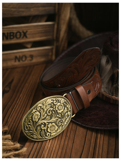 GORGLITTER Women's Cowboy Belts Floral Country Belts Leather Waist Belt for Jeans Pants Coffee Brown suit waist size:33.5-37.4"