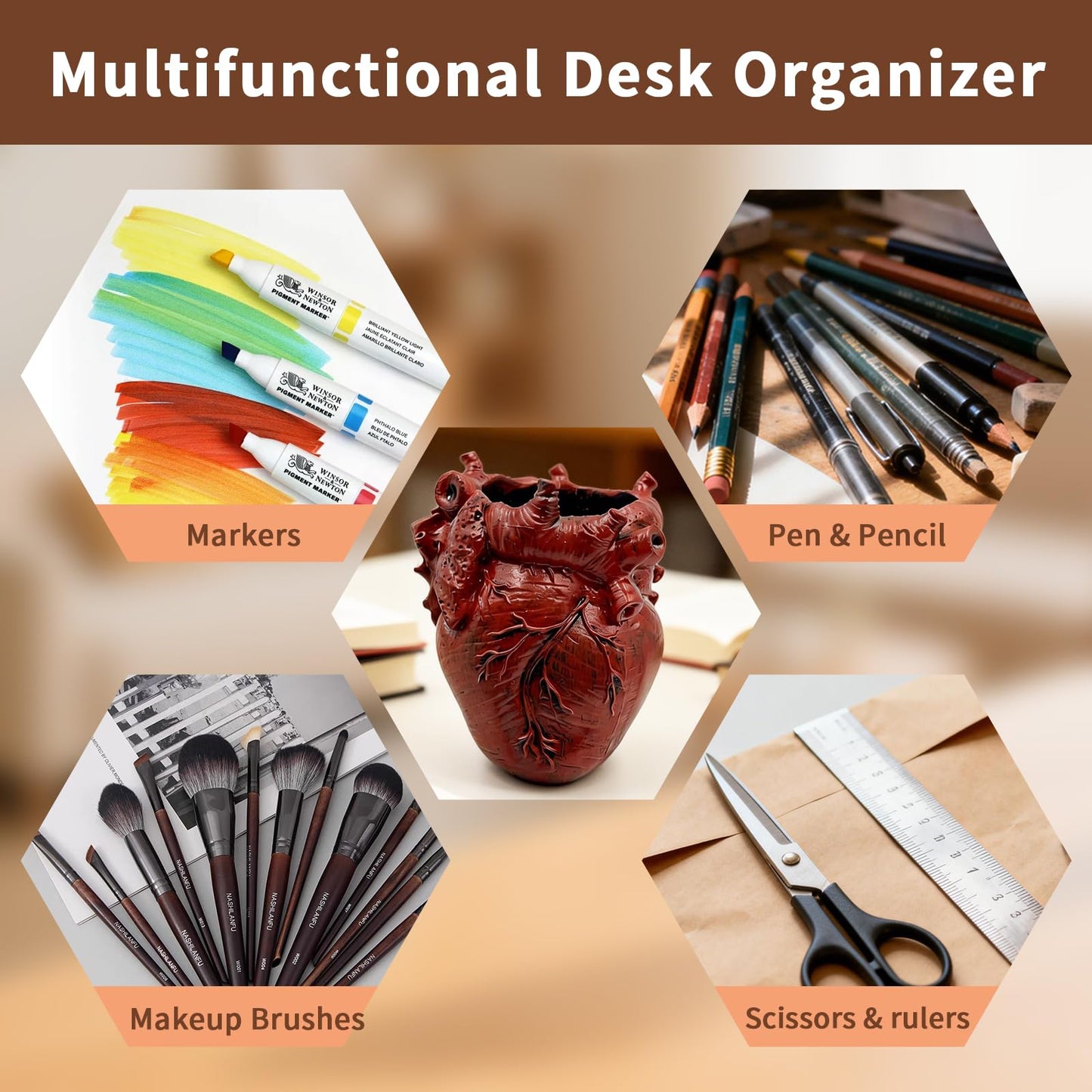 MealFlow Pro Anatomical Heart Pencil Holder, Resin Organ-Shaped Pen Cup Desk Organizer Decor, Makeup Brush Holder, Compact Desk Accessories Gift, Pen Holder for School, Office(RED)