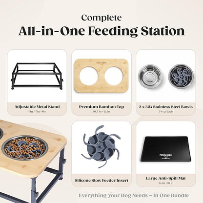Adjustable Raised Dog Bowls – Elevated Dog Bowl Stand with Bamboo Stand, 2 Stainless Steel Bowls, Slow Feeder Insert & Silicone Mat – Dog Bowls with Stand for Small & Medium Dogs