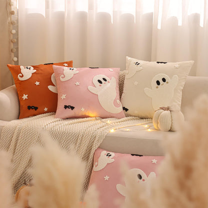 Tosleo Halloween Throw Pillow Covers 18x18 inch Set of 2 Halloween White Spooky Ghosts Embroidered Pillow Cases Thanksgiving Home Party Fall Decor Pillowcases Square Pink Velvet Cushion Covers