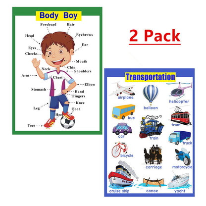 SANTSUN 2 Pcs of Set Educational Preschool Poster for Toddlers and Kids|Great for Nursery Homeschool Kind Classroom decorations|School Wall Decor- Transportation,Body Parts (17x24in)