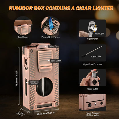 LIHTUN Cigar Humidor, Leather Cedar Wood Travel Cigar Case and Multifunctional in 1 Cigar Lighter Set Portable Travel Humidor Box Cigar Gift for Men (Brown)