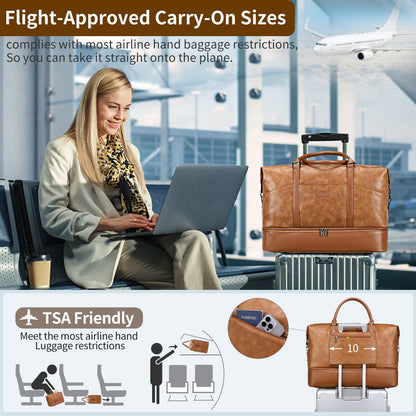 Faux Leather Weekender Bags for Women: Large Overnight Bags Travel Duffel Carry On Weekend Tote with Shoe & Laptop Compartment for Airplane Traveling Gym, Brown