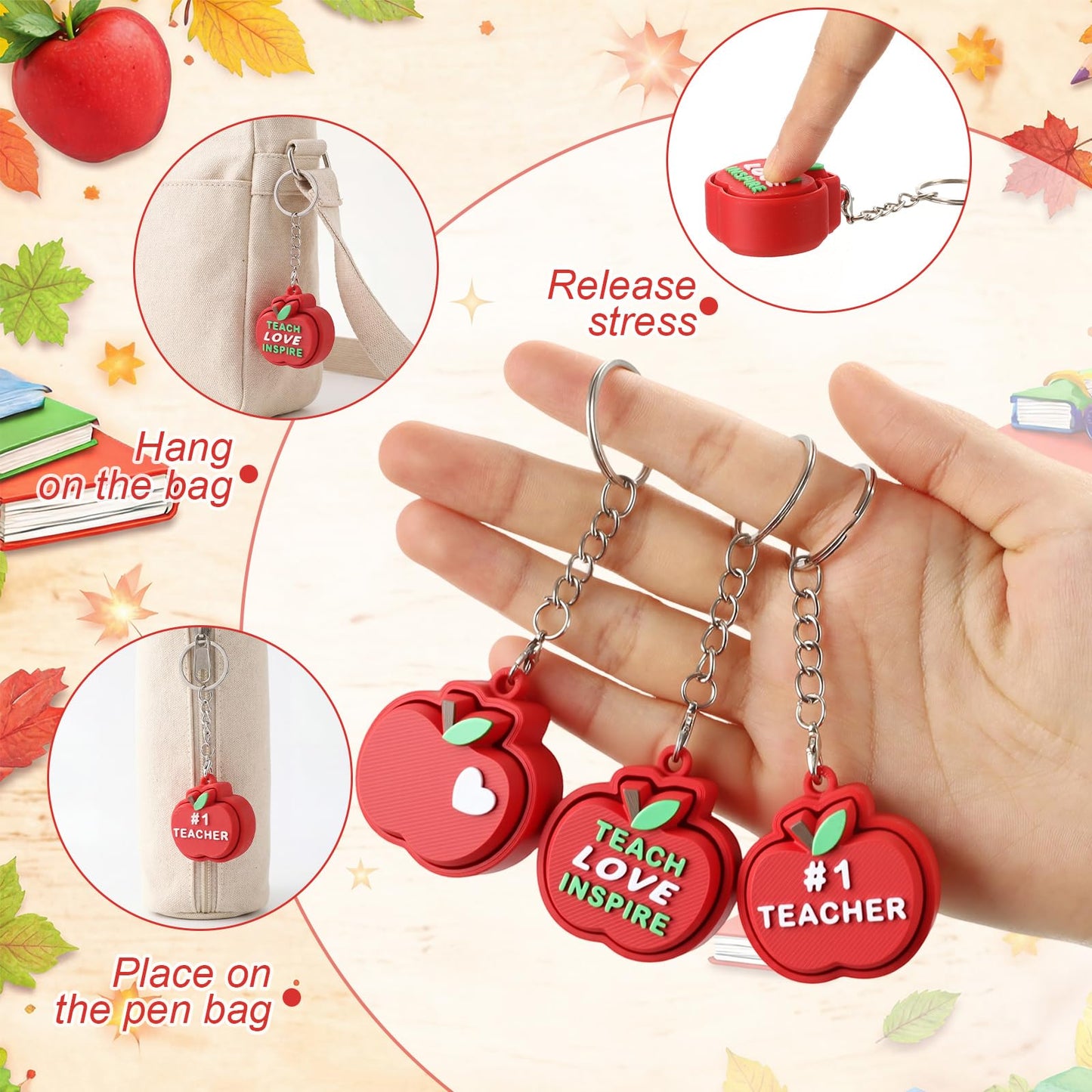 Kenning 12 Pcs Teacher Clicker Fidget Keychains Bulk 3D Printed Apple Sensory Fidget Toys Stress Relief Apple Keychains for Teacher Appreciation Gifts Back to School Favors End of Year Gifts