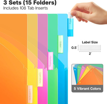 Dunwell Plastic Binder Pocket with 5 Tabs (3 Set, 15 Count), 5-Tab Dividers with 2 Pockets for 3-Ring Binder, Slash Pocket Dividers 3 Hole Punched, 5 Subject Divider Folder, Includes Label Inserts