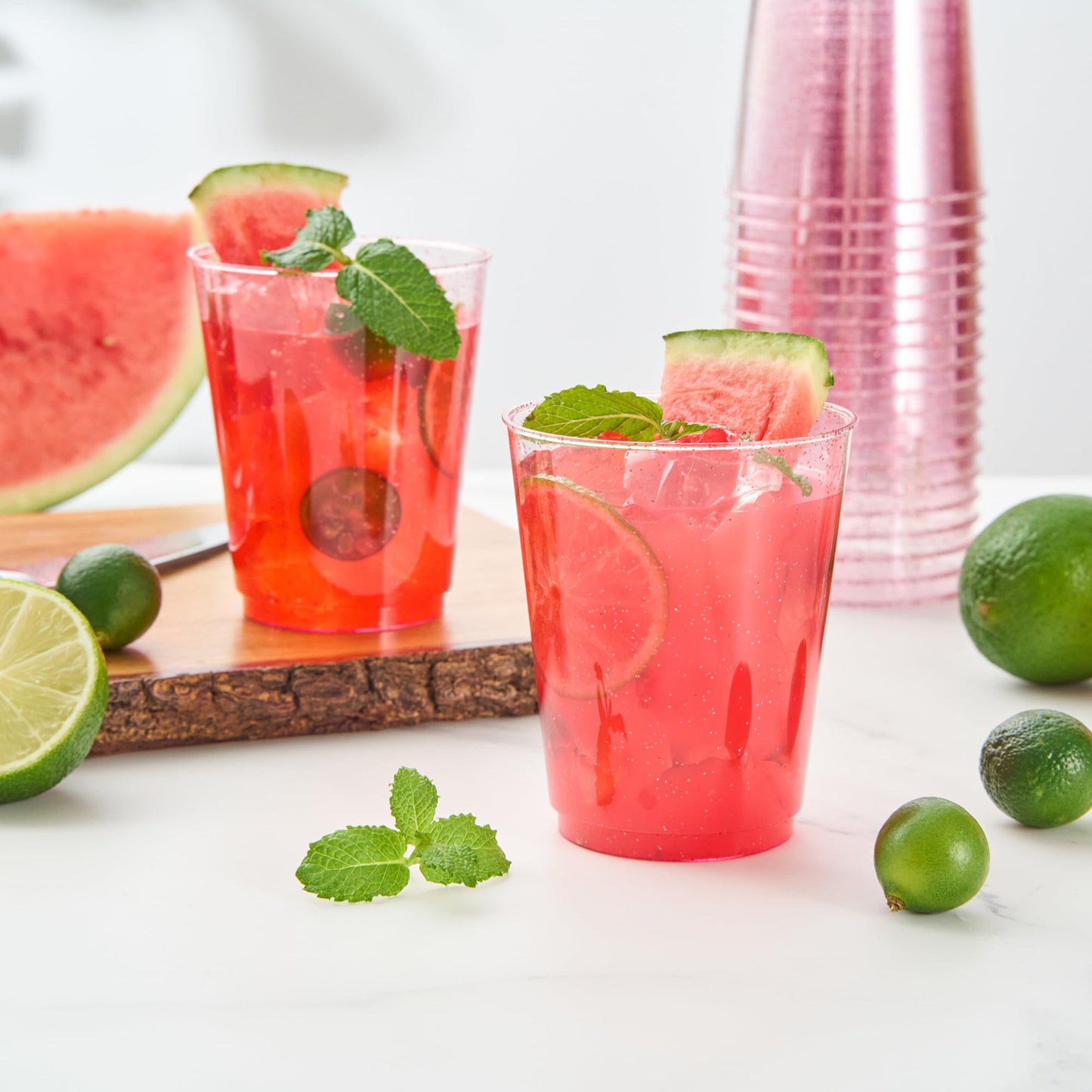 Restaurantware Glitter Cups 10 oz Pack of 20 Pink Glitter Plastic Cups Fancy Drink Tumblers Disposable, Durable Plastic Glasses Cold Food-Friendly Tumblers for Cocktails Punch at Parties