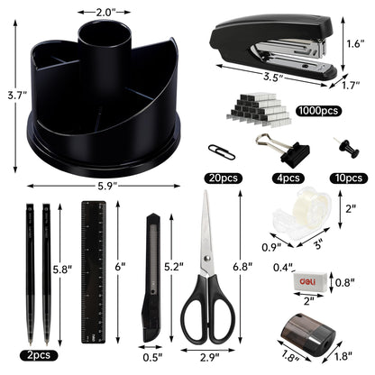 deli Office Supplies Set, 1045 Pcs-Desk Accessory Organizer Kit, Stapler Set, Rotating Multi-Functional Pen Holder, Tape Dispenser, Pens, Binder Clips, Sharpener, Scissor, Eraser, Black