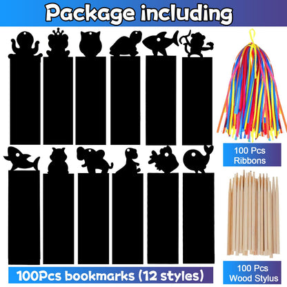 Tcvents 100 Sets Bookmark Making Kit, Scratch Art DIY Animal Bookmarks Bulk with 100 Pcs Ribbons and 100 Pcs Wood Stylus for Classroom Activities Mini Cards for Kids Craft Kits Student Prizes Gifts