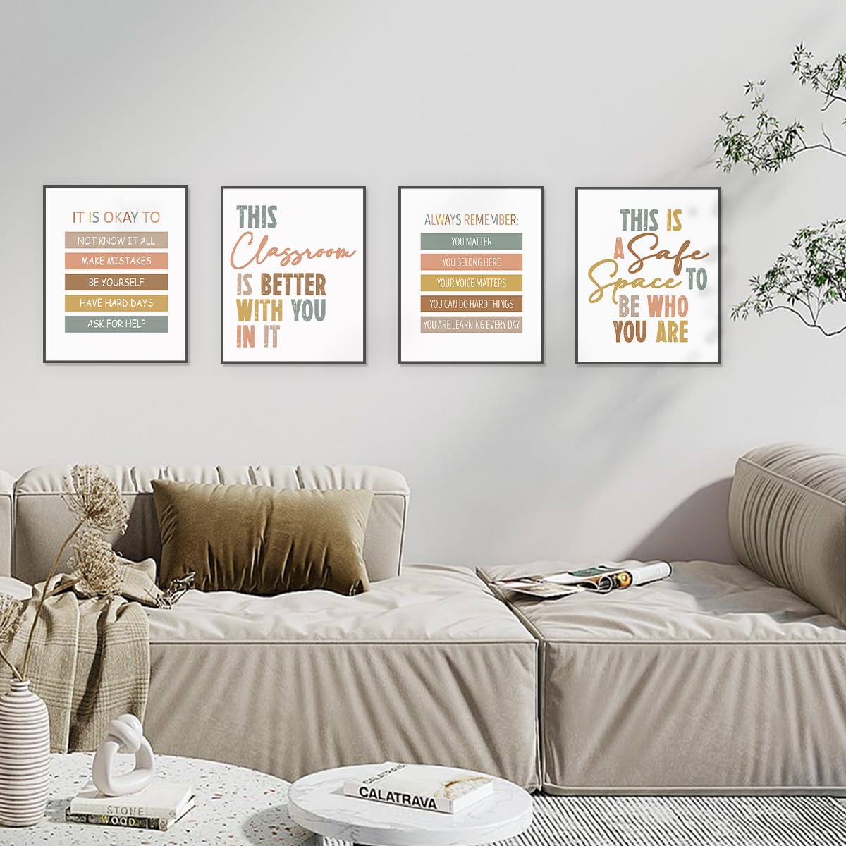 PLKMN Boho Classroom Wall Art Set of 4, Positive Motivational Posters, Rainbow Decor for Nursery, Kids Room, Play Area, 8x10 Inch, Unframed