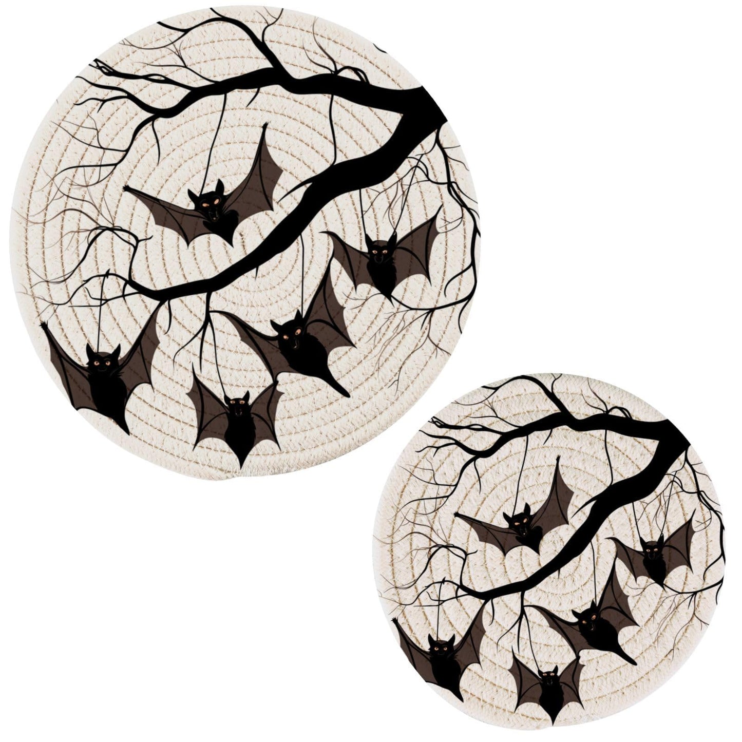 Peystean 2 Pcs Kitchen Decor Woven Potholders Trivets Set, Bats Hanging on Tree Branch Halloween Round Hot Mats Coasters Placemats,for Cooking Baking Hot Dish Pan Pot Bowl Teapot(7"&9")