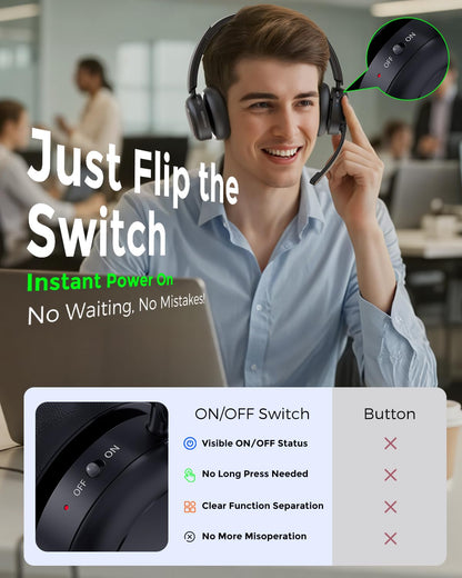 Bluetooth Headset, Wireless Headset with Mic for Work, Qualcomm Chipeset Dongle, V5.4 Headsets with Microphone for Work, Wireless Noise Cancelling Headphones Busy/Mute Light for PC Computer Office WFH