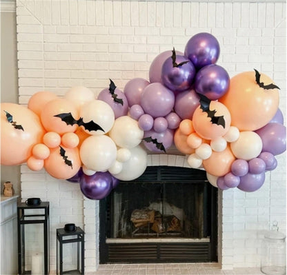 Halloween Balloons Garland Kit, 111 PC Purple Nude Cream Balloons with Cute Ghosts & 3D Bats, Beige & Metallic Purple for Girls' Party Decorations