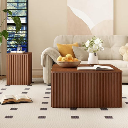 Fluted Square Coffee Table with Storage Large Wood Center Table with Solid Wood Veneer Top Mid Century Modern Low Coffee Table for Living Room, Rustic Brown