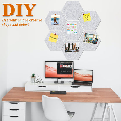 HULAVO Large Hexagon Felt Cork Board Tiles, Self Adhesive DIY Felt Bulletin Board Pin Board with 35 Pushpins for Office School Home Wall Decor Stickers Memos Photos Display(Light Grey)