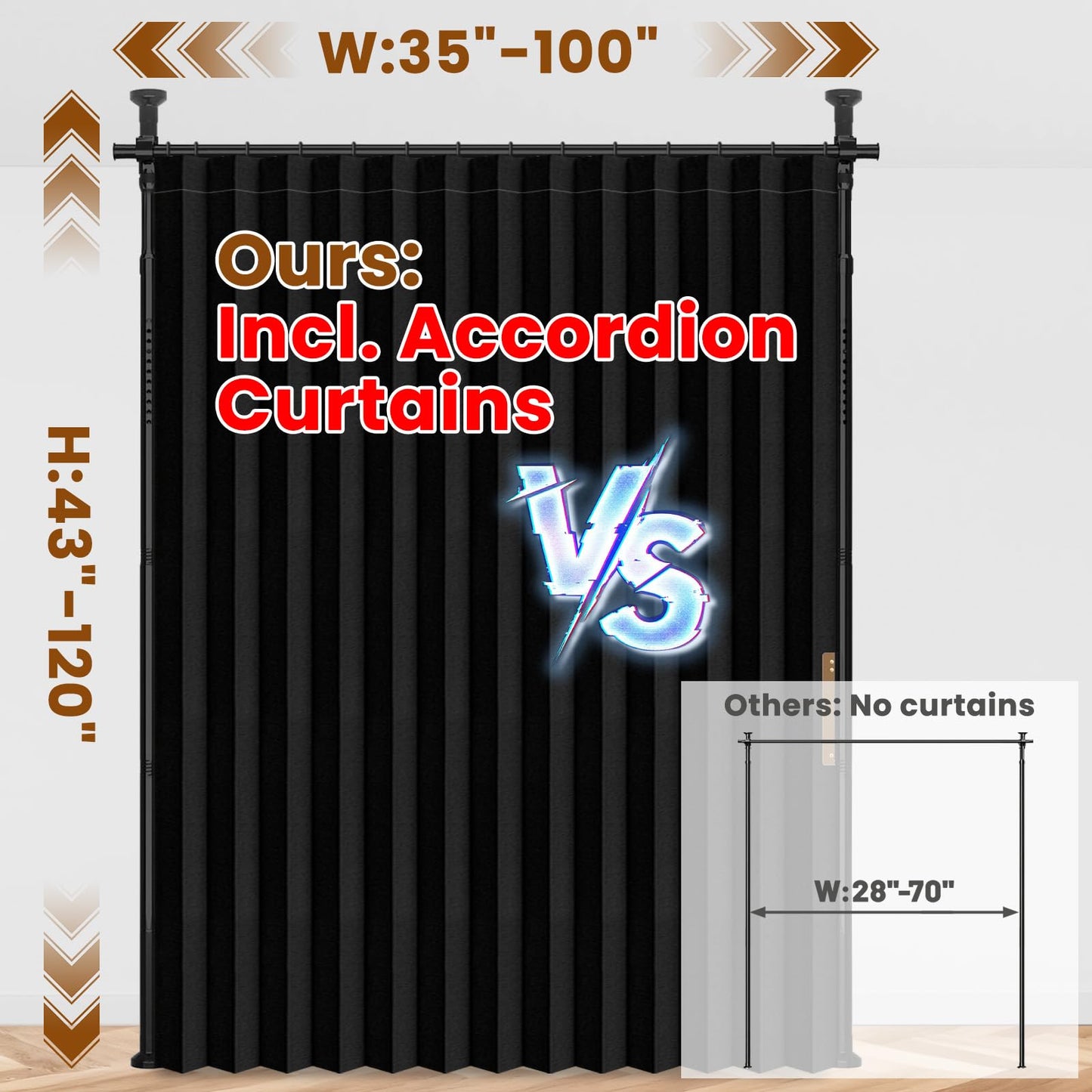 100% Blackout Room Divider Curtains Sets Black 1 Panel W100 x L84in No Drill Curtain Rods(H) 43-120×(W) 35-100 in for Bedroom Privacy Partition Separator