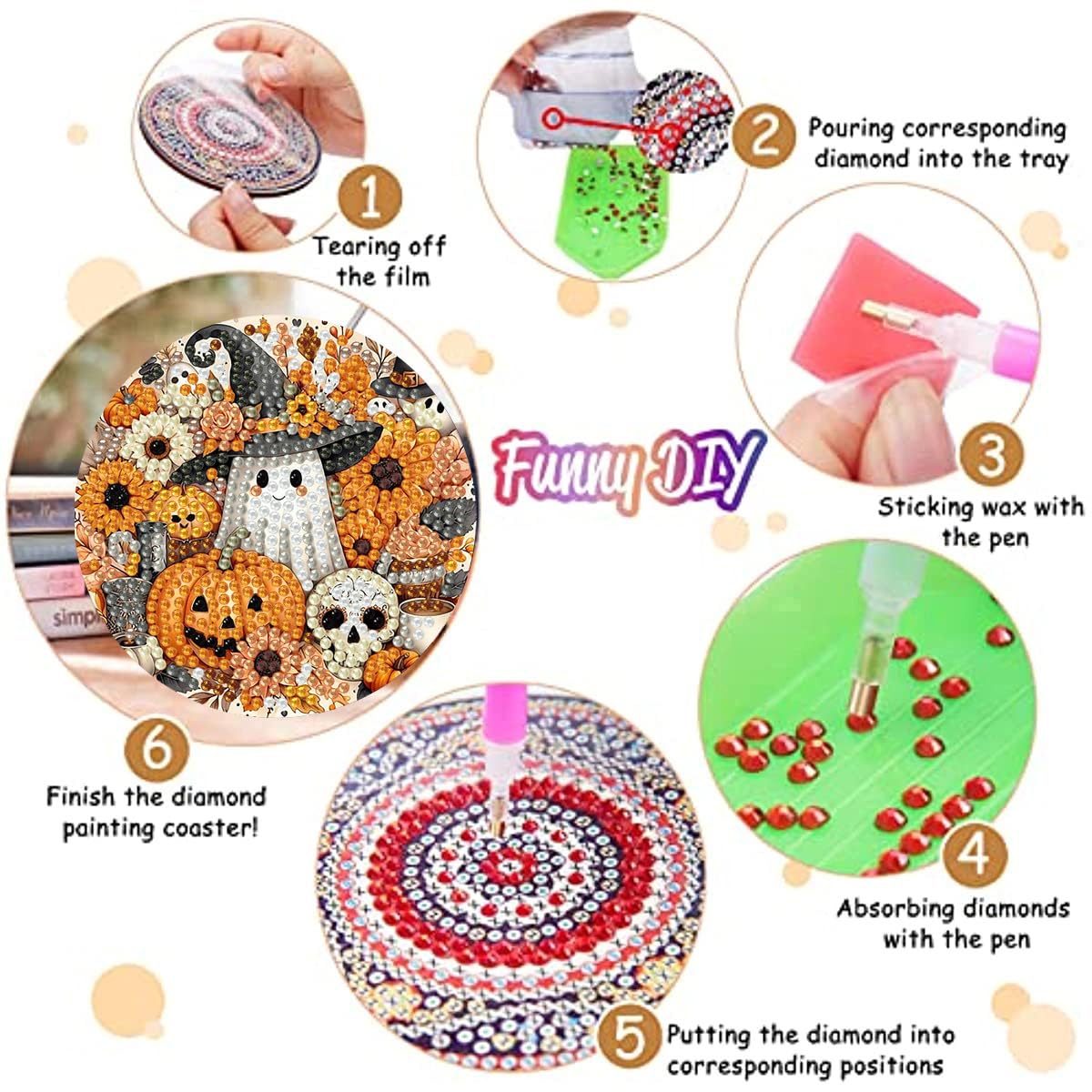 8 PCS Halloween Diamond Art Coasters Kits with Holder Ghost Pumpkin Diamond Painting Coaster Kit for Adults Beginners,5D DIY Gem Art Kit Full Drill Diamonds Art Craft Supplies 4X4 Inch