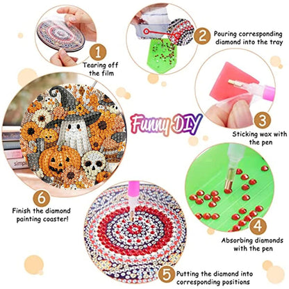 8 PCS Halloween Diamond Art Coasters Kits with Holder Ghost Pumpkin Diamond Painting Coaster Kit for Adults Beginners,5D DIY Gem Art Kit Full Drill Diamonds Art Craft Supplies 4X4 Inch