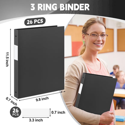 Henoyso 26 Pack 0.5 Inch Plastic 3 Ring Binder Round Ring, Bulk 1/2 Inch Flexible Binders Hold 140 Sheets Letter Size with Pocket, Document Organizer for Back to School Classroom Office (Black)