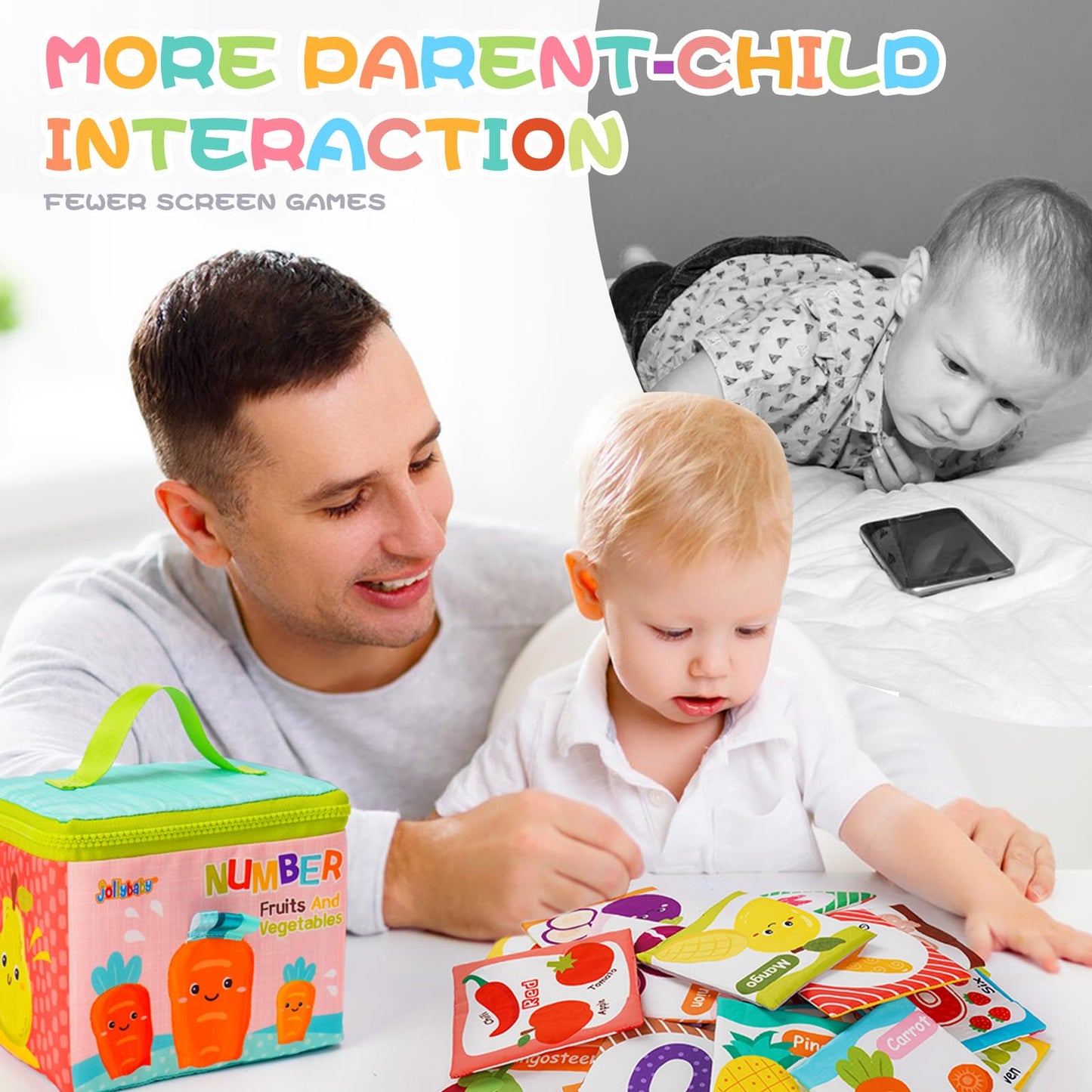 Jollybaby Reusable Soft Flash Cards for Baby 0-6-12-18 Months, Preschool Learning Resource Toys for 0-1-2-3-4 Years, Montessori Sensory Sight Words Numbers Toy - Easter Gifts for Toddler