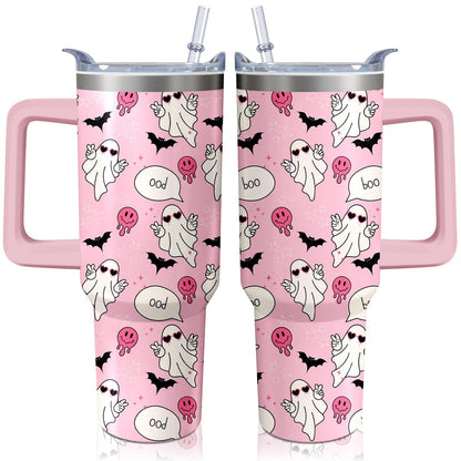 Kearscupra 40oz Cute Ghost Halloween Tumbler With Handle and Straw,Gifts for Women Spooky Pink Bat Melting Smile Face Coffee Mug Water Bottle, Stainless Steel Insulated Cup