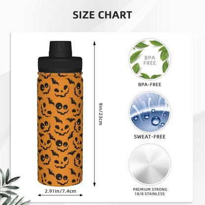 SOUWEWU 18oz Halloween Pattern Sports Water Kettle with Handle, Double Wall Vacuum Insulated Hot and Cold Scary Bat Tumbler, Halloween Print Water Bottle for Gym Outdoor