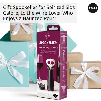 OTOTO Skull Wine Saver Pump and Stoppers - Halloween Gifts, Emo Accessories, Gothic Kitchen, Goth Gifts, Bat, Kitchen Gadgets - (Spookelier)
