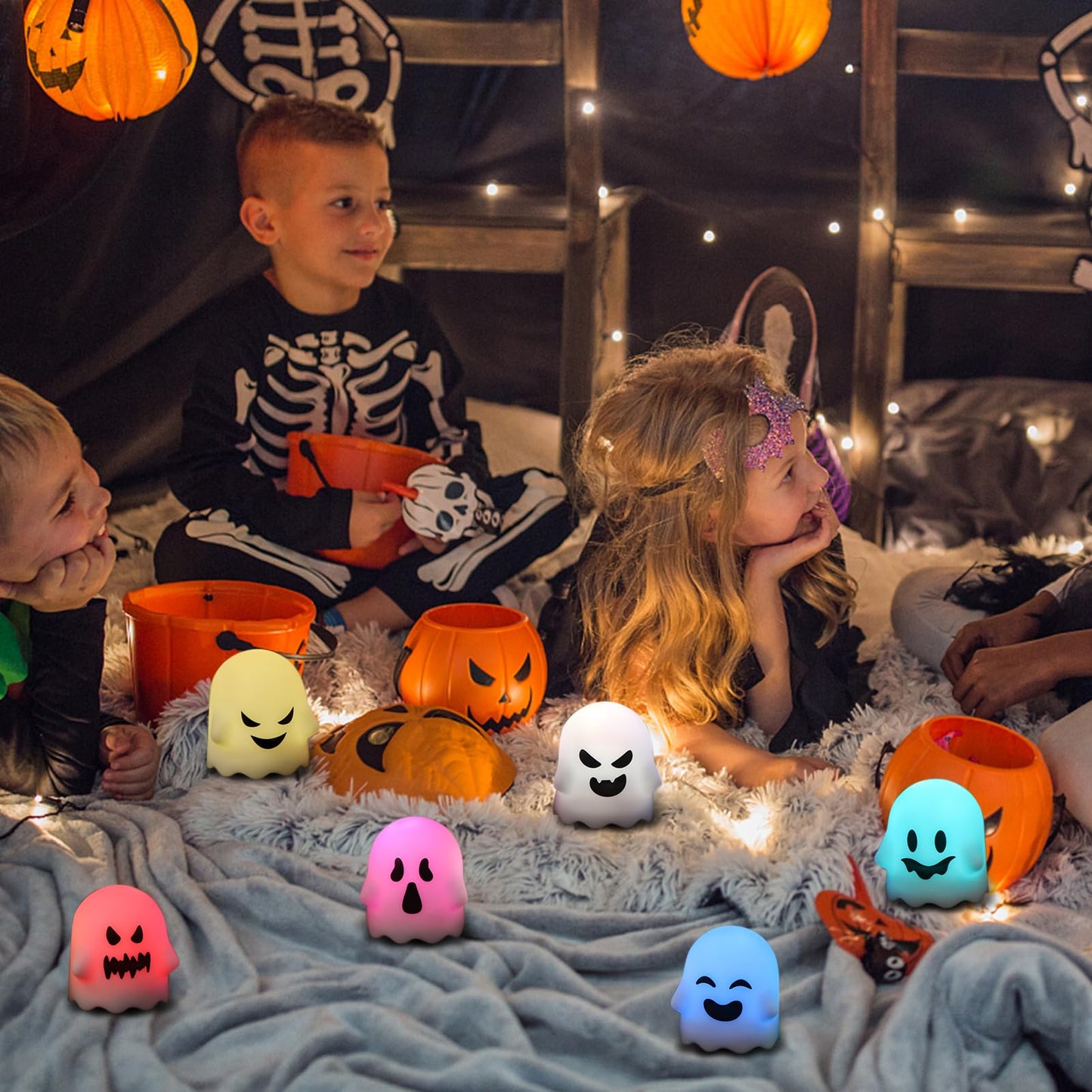 DRomance Halloween Ghost Lights Flameless Candles Battery Operated with Remote and Timer 6 Pack Color Changing LED Small Votive Candles Spooky Halloween Indoor Deocration(2 x 2.4 Inches)