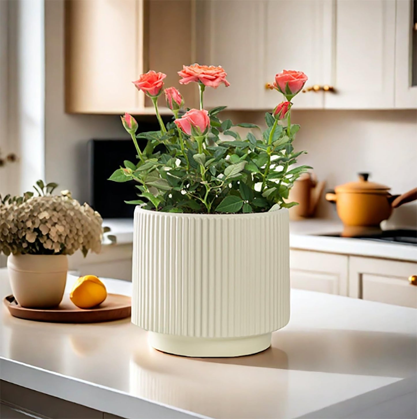 Puoyikt Ceramic 4.9+6.3 inch Planters, Modern Home and Office Flowerpot, Indoor and Outdoor Flowerpot with Drainage Hole (White)