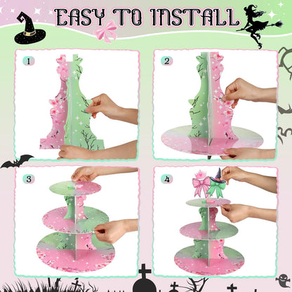 2 Pack Pink and Green Cupcake Stands Witch Themed Birthday Party Supplies,3 Tier Halloween Cardboard Cupcake Holder Tower for Wicked Party,Birthday, Baby Shower