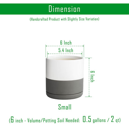 D'vine Dev Set of 2 Plants Pots, 6 Inch Ceramic Planter Pot for Plants with Drainage Hole and Saucer, White-Grey/Black-Tan, 94-V-C-C