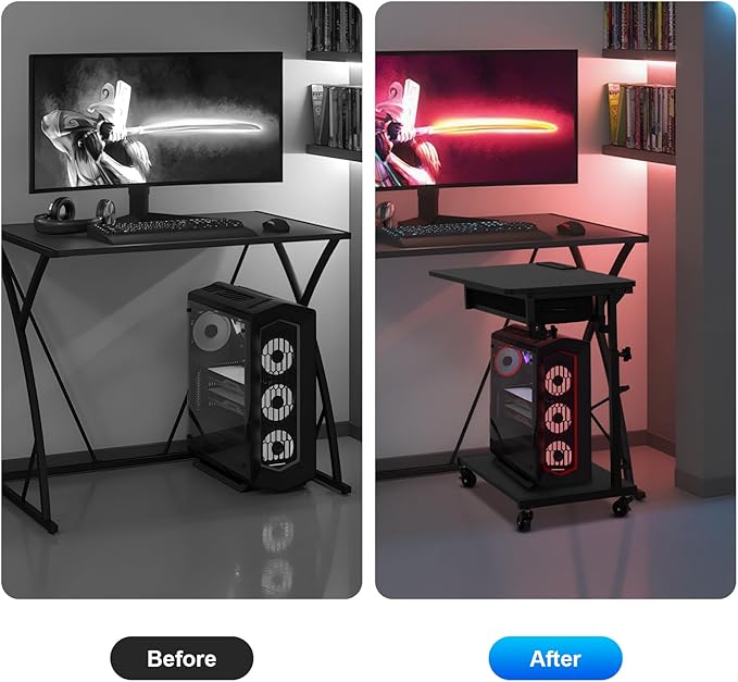 FAHKNS 2-Tier Computer Tower Stand - Computer Tower Floor Stand，PC Tower Stand with Power Outlet & Lockable Wheels，PC Holder for Office/Home/Studio/Game Room
