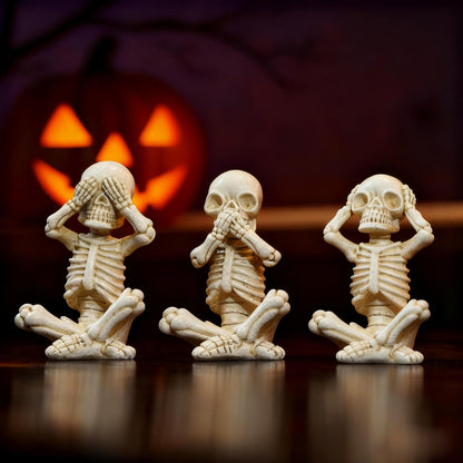 OwMell Set of 3 Skeletons Statue, Yoga Skull Figurine, Hear See Speak No Evil Statue Figurine, Halloween Gothic Home Decor - No Evil