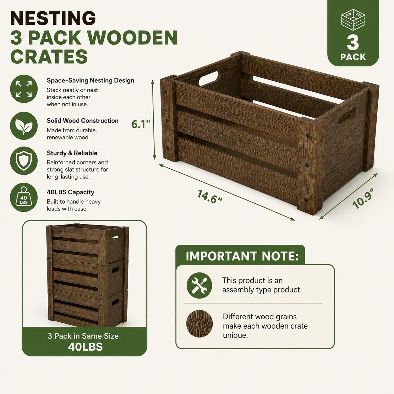 BOY MCOWBOY Wooden Crates for Display, 3 Pack Large Rustic Handmade Wood Crate for Storage, Wooden Basket with Handles, Nesting Crates Boxes for Container and Decor Living Room Outdoor Christmas
