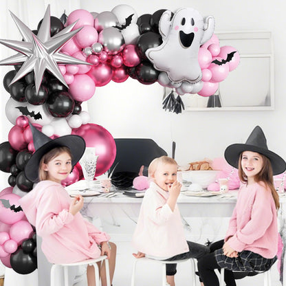 Froova Halloween Balloon Arch Kit, 131 Pcs Pink Black Silver Balloon Garland with 3D Bat Stickers Ghost Star Balloons for Girls Halloween Baby Shower Spooky Birthday Party Decorations